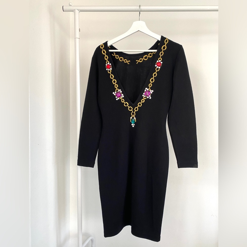 Vintage 80s 90s Party Knee-Length Black Dress wool jewelled backless long sleeve